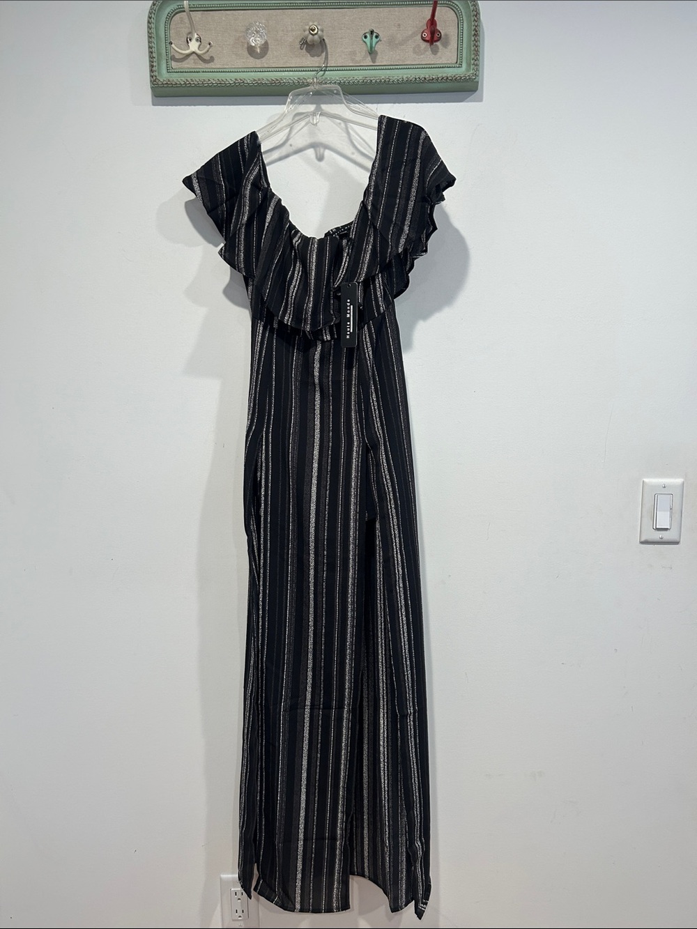 Haute Monde Black White Striped crepe Ruffle off the shoulder romper maxi dress